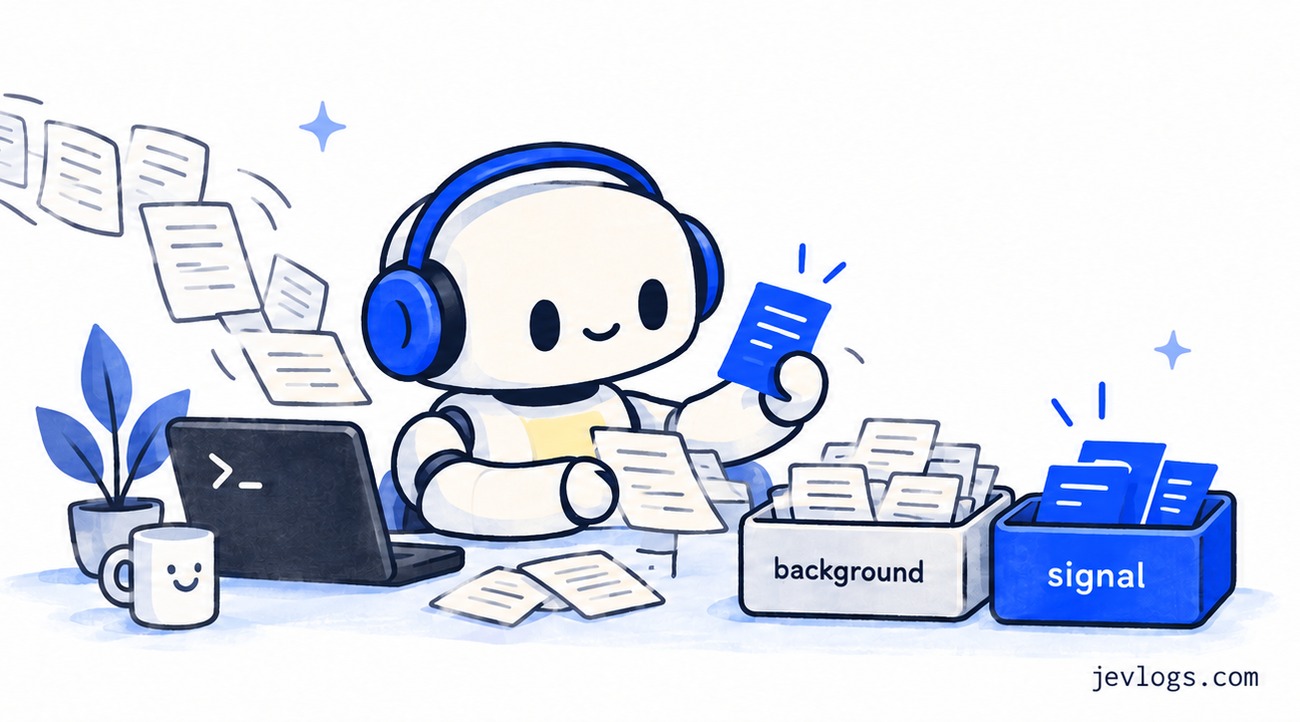 Jev, a relaxed ivory robot in cobalt headphones, sorting log slips into a gray background box and a blue signal box.
